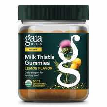 Bottle of Gaia Herbs Milk Thistle Gummies with lemon-colored gummies visible inside and green cap.