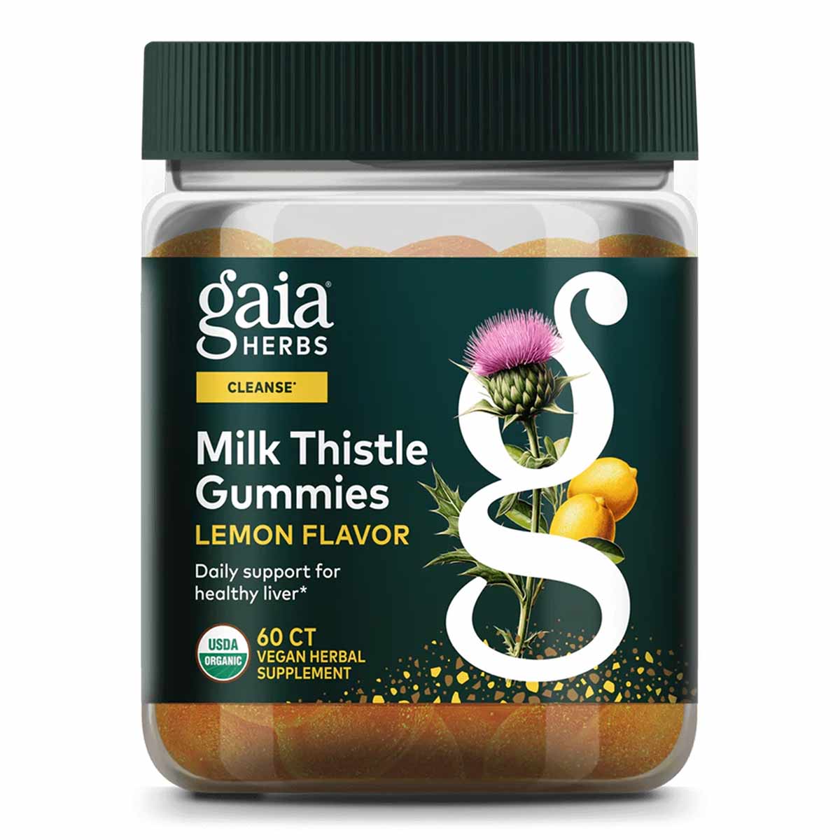 Bottle of Gaia Herbs Milk Thistle Gummies with lemon-colored gummies visible inside and green cap.