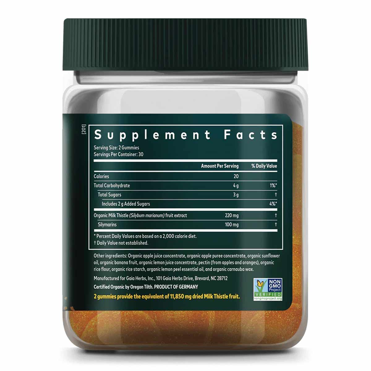 Bottle of Gaia Herbs milk thistle gummies with green cap, displaying supplement facts label and orange-colored gummies inside