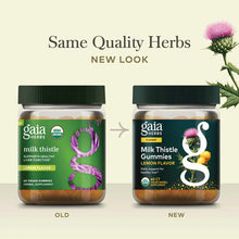 Two Gaia Herbs milk thistle gummy bottles showing old green label and new dark label designs with lemon flavor.