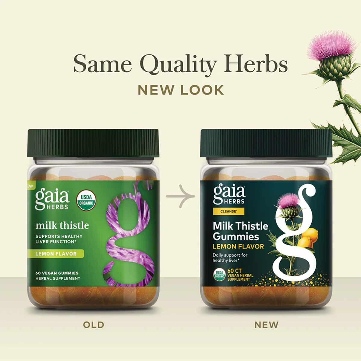 Two Gaia Herbs milk thistle gummy bottles showing old green label and new dark label designs with lemon flavor.