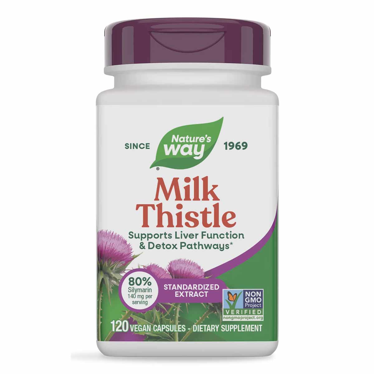 White bottle with purple cap containing Nature's Way Milk Thistle Standardized Extract, 120 vegan capsules, featuring purple 