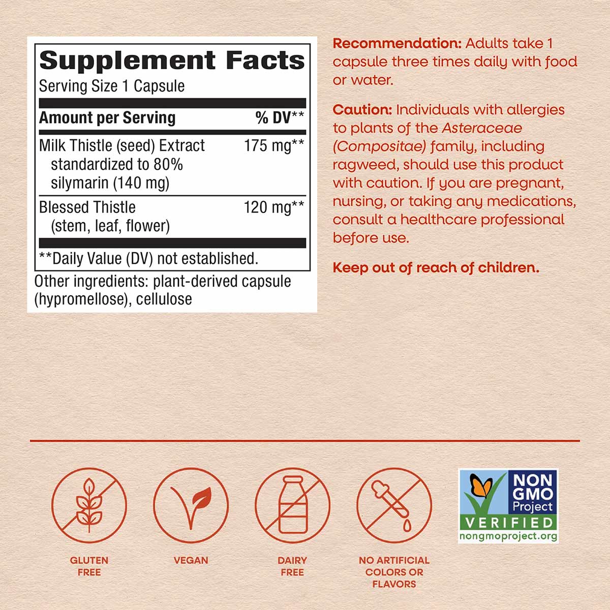 Milk Thistle Standardized supplement bottle label showing Supplement Facts with 175mg standardized extract and 120mg Blessed 