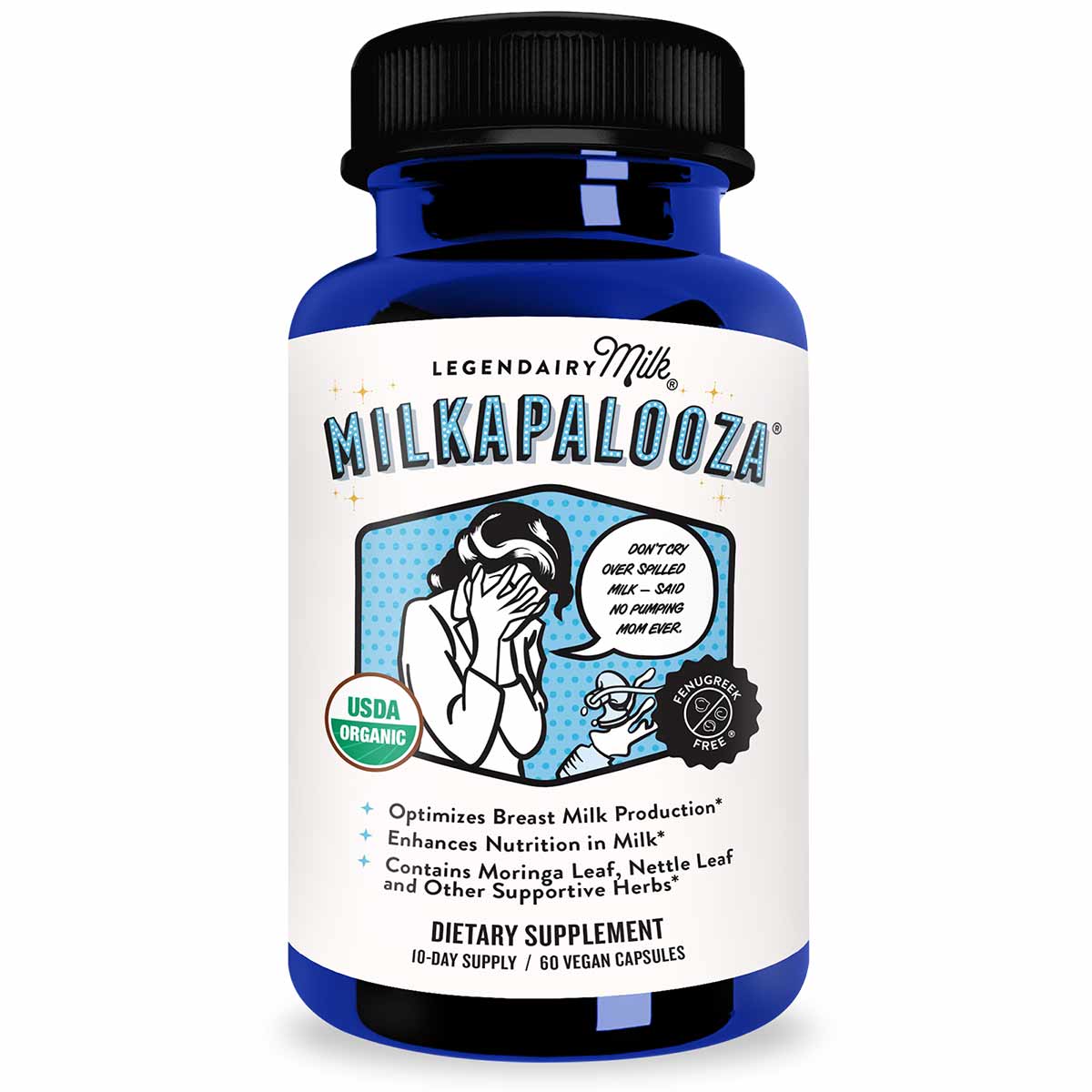 Blue and white dietary supplement bottle labeled "Milkapalooza" by Legendairy Milk with black screw cap and vintage-style ill