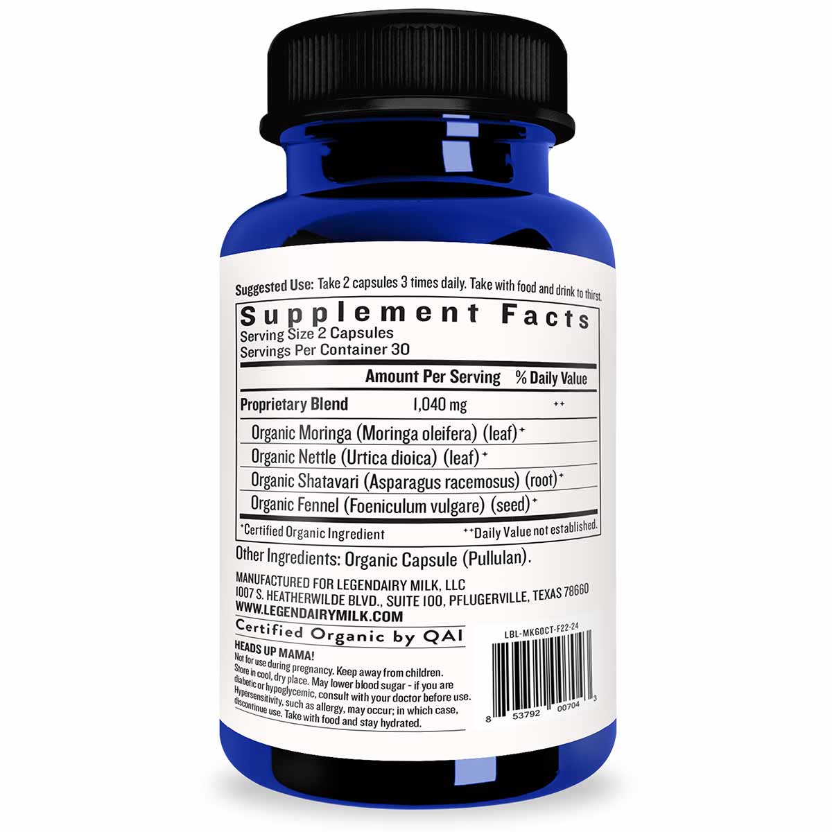 Blue bottle with black cap containing organic herbal supplement capsules with white label showing ingredient and usage inform