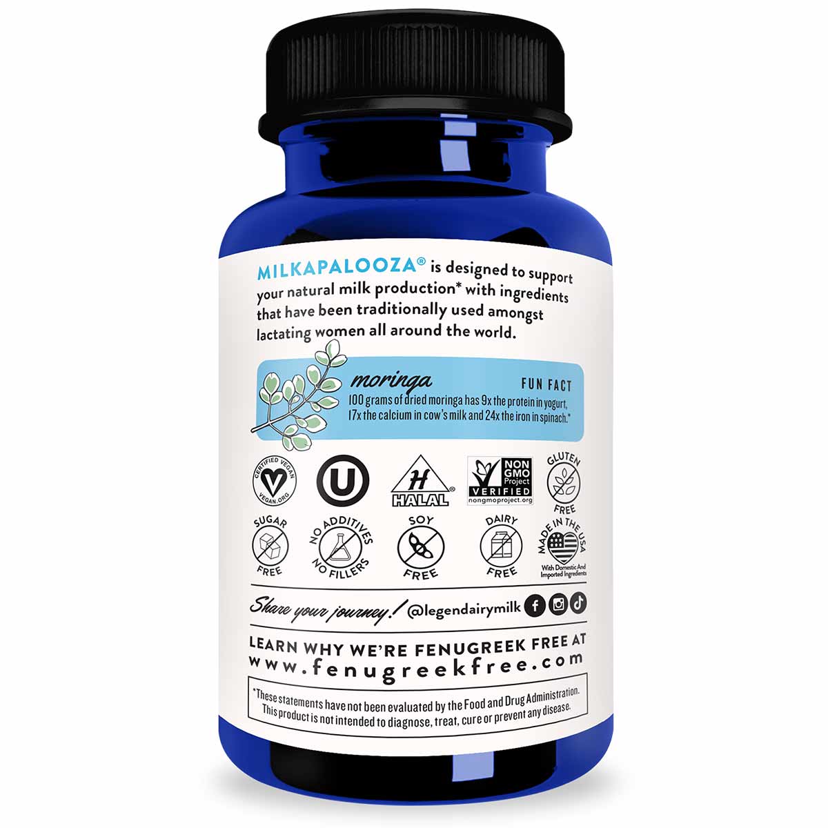 Blue and white supplement bottle with black cap labeled "Milkapalooza" by Legendairy Milk, containing lactation support ingre