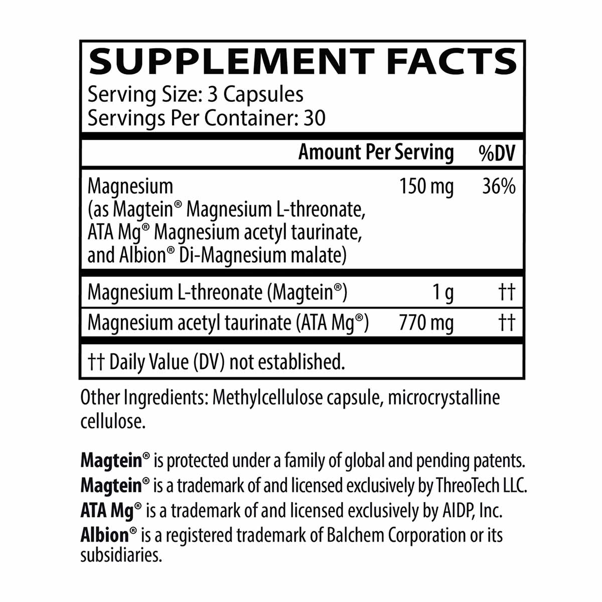 Supplement Facts label for MindMag Ultra showing magnesium content of 150mg per serving with 3 capsules per serving.