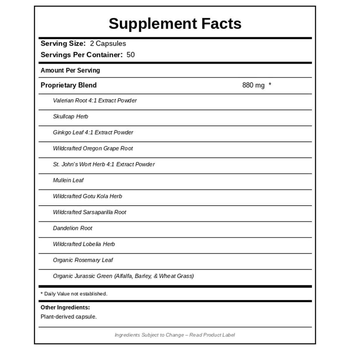 Supplement Facts label for MindTrac Formula showing 880 mg proprietary blend per 2-capsule serving with herbal ingredients in
