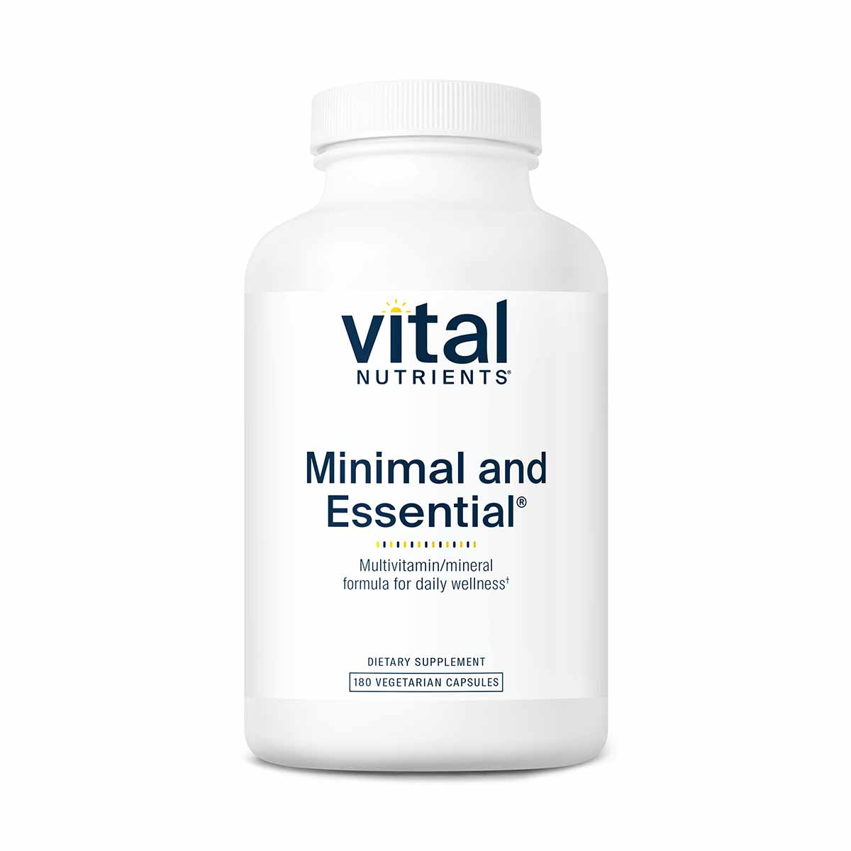 White bottle of Vital Nutrients Minimal and Essential multivitamin with white cap containing 180 vegetarian capsules.