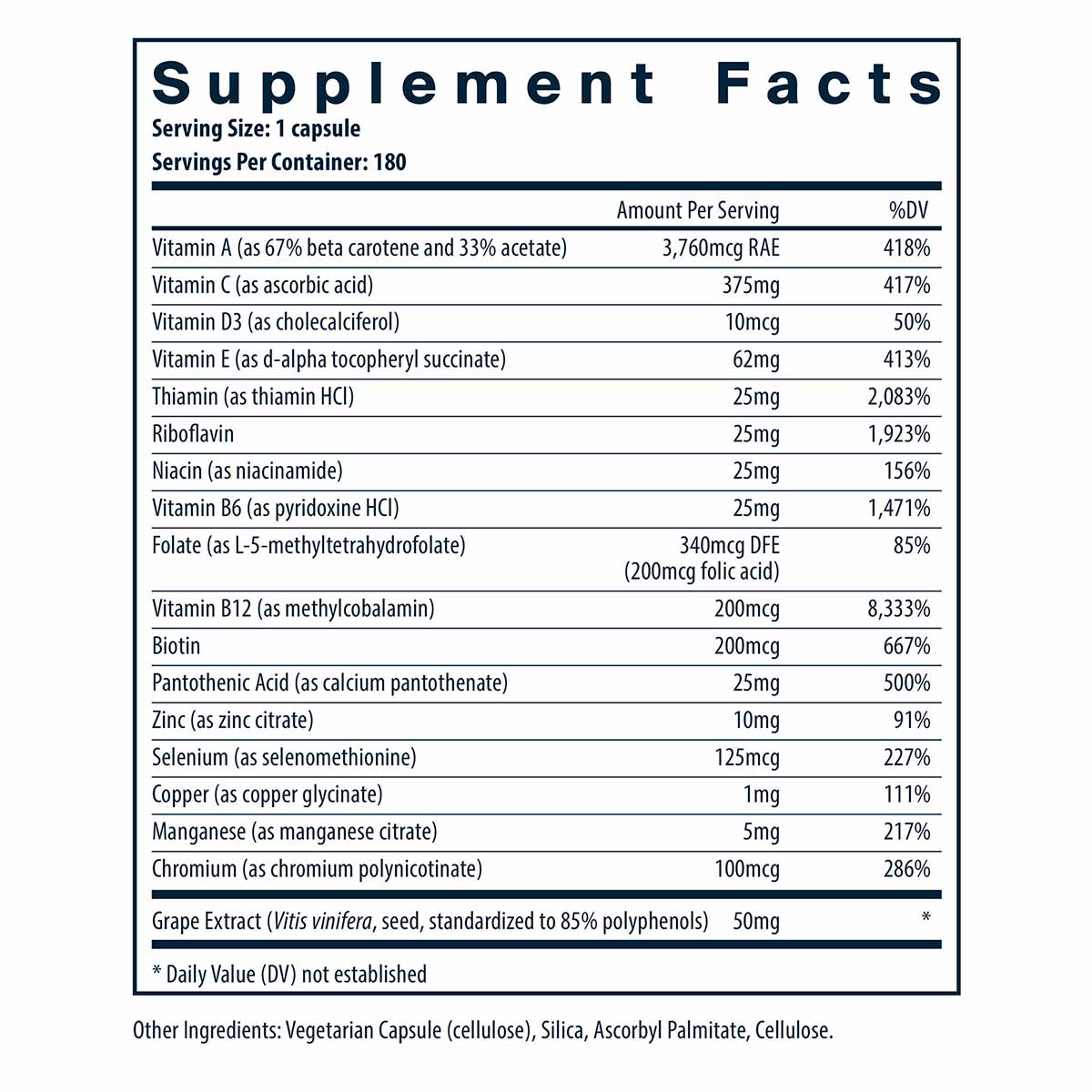 Supplement Facts label for Vital Nutrients multivitamin showing serving size of 1 capsule with 180 servings per container and