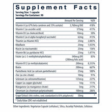 Supplement Facts label for Vital Nutrients multivitamin showing serving size of 1 capsule with 90 servings per container and 