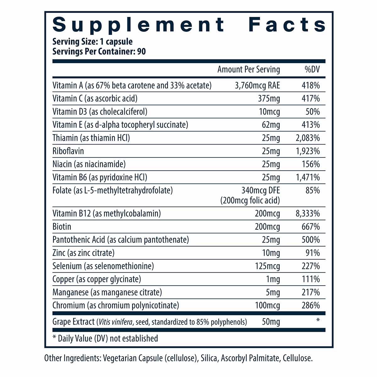Supplement Facts label for Vital Nutrients multivitamin showing serving size of 1 capsule with 90 servings per container and 