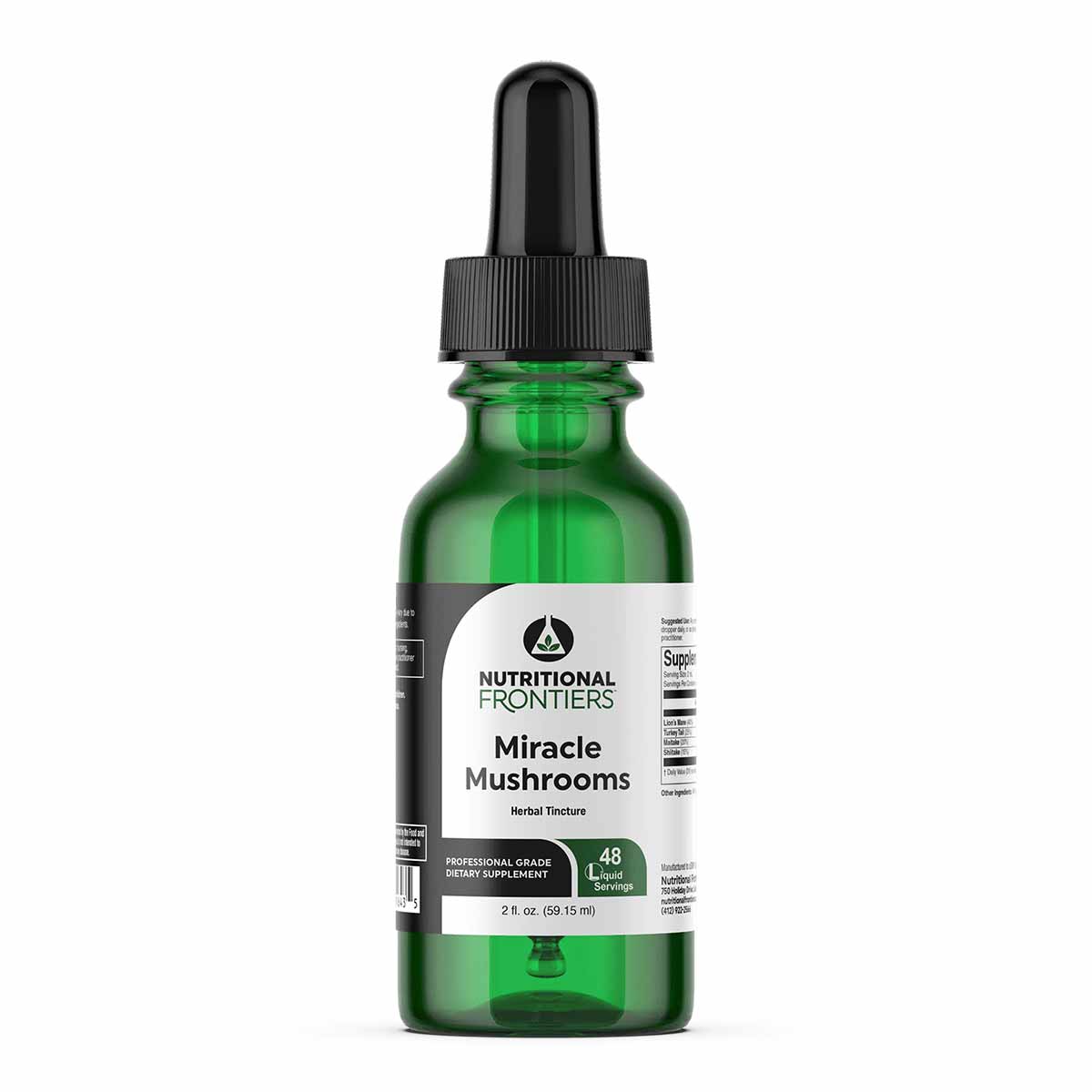 Green glass bottle with black dropper cap containing Nutritional Frontiers Miracle Mushrooms herbal tincture, 2.8 fl oz.