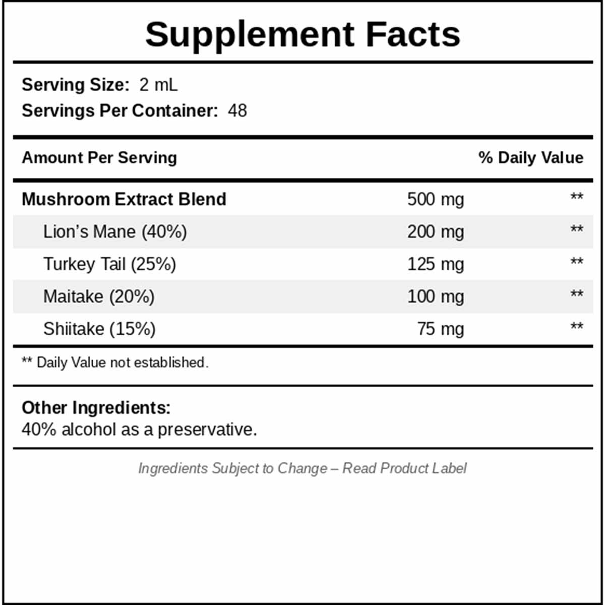 Supplement Facts label for Miracle Mushrooms showing mushroom extract blend with Lion's Mane, Turkey Tail, Maitake, and Shiit