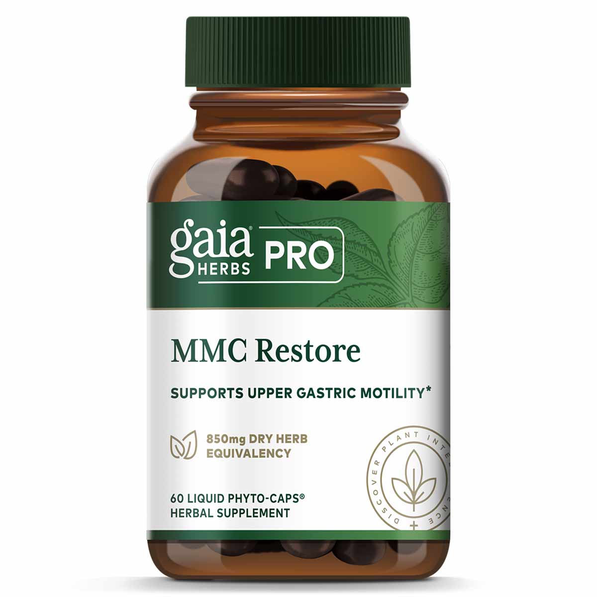 Gaia Herbs Pro MMC Restore bottle with green cap containing 60 dark liquid phyto-caps.
