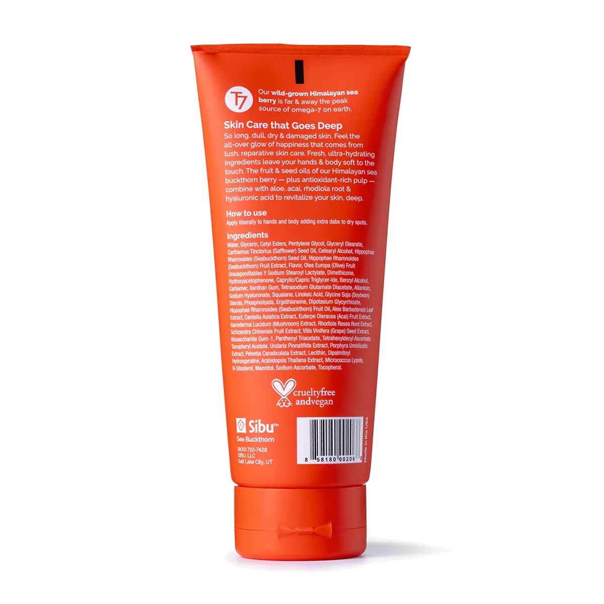 Sibu Beauty moisturizing body cream in red tube with white text and ingredient list.