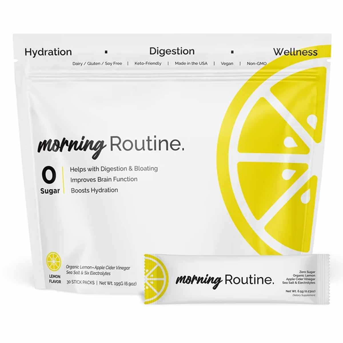 White and yellow pouch of Morning Routine lemon-flavored dietary supplement with 30 stick packs displayed next to a single pa