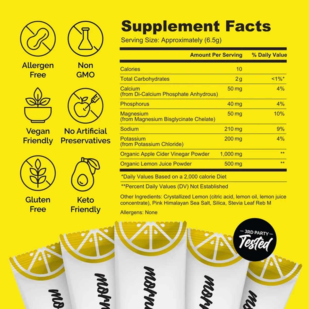 Supplement facts label on yellow background with allergen icons, nutritional information, and white powder packets decorated 