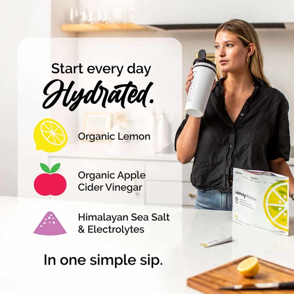 Woman holding white water bottle next to product packaging with lemon graphic and ingredient list including organic lemon, ap