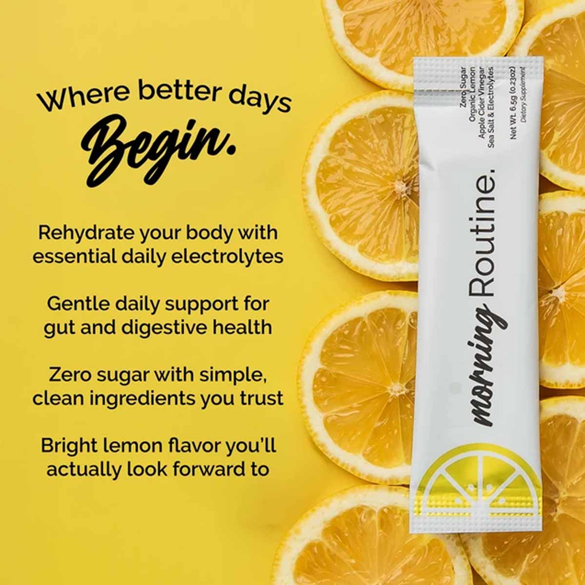 White packet of Morning Routine electrolyte drink mix with lemon flavor on yellow background with lemon slices.