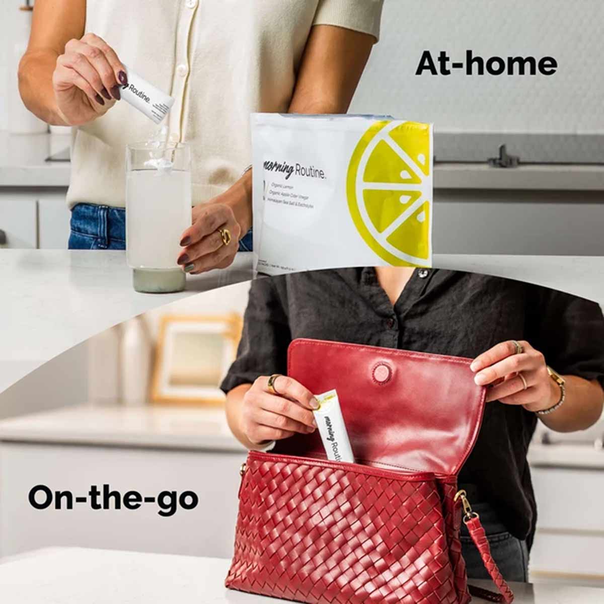 Two people demonstrating Morning Routine products: one pouring liquid in a kitchen, another holding a red woven bag and open 