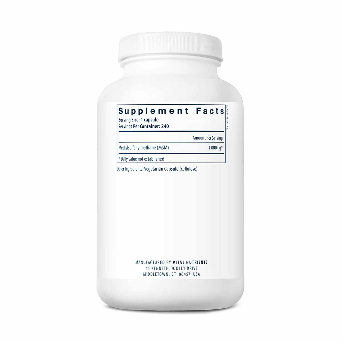 White bottle containing 240 capsules of MSM 1000 mg supplement with white cap and printed label.