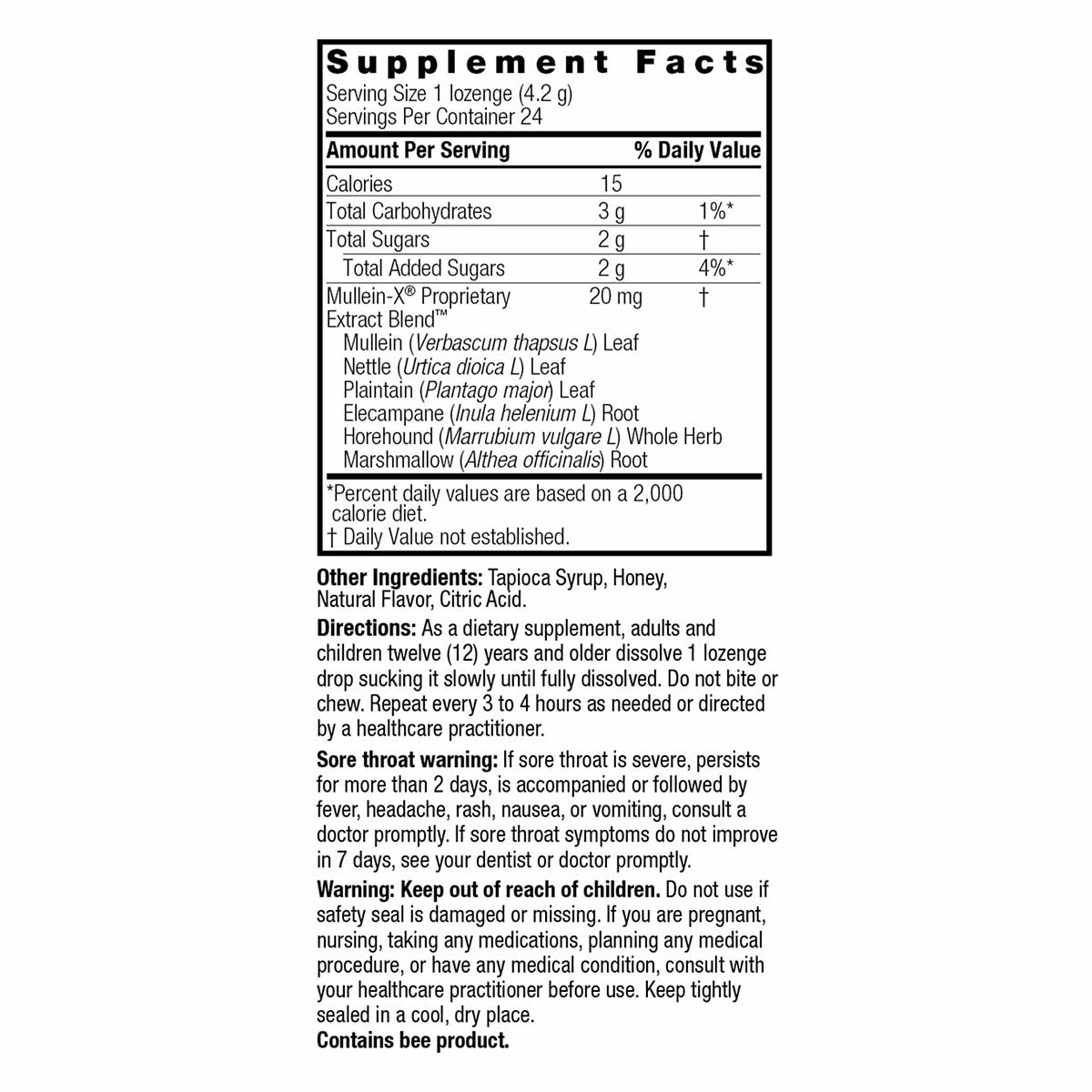 Supplement Facts label for Mullein-X throat lozenges showing ingredients including mullein, nettle, plaintain, and horehound 