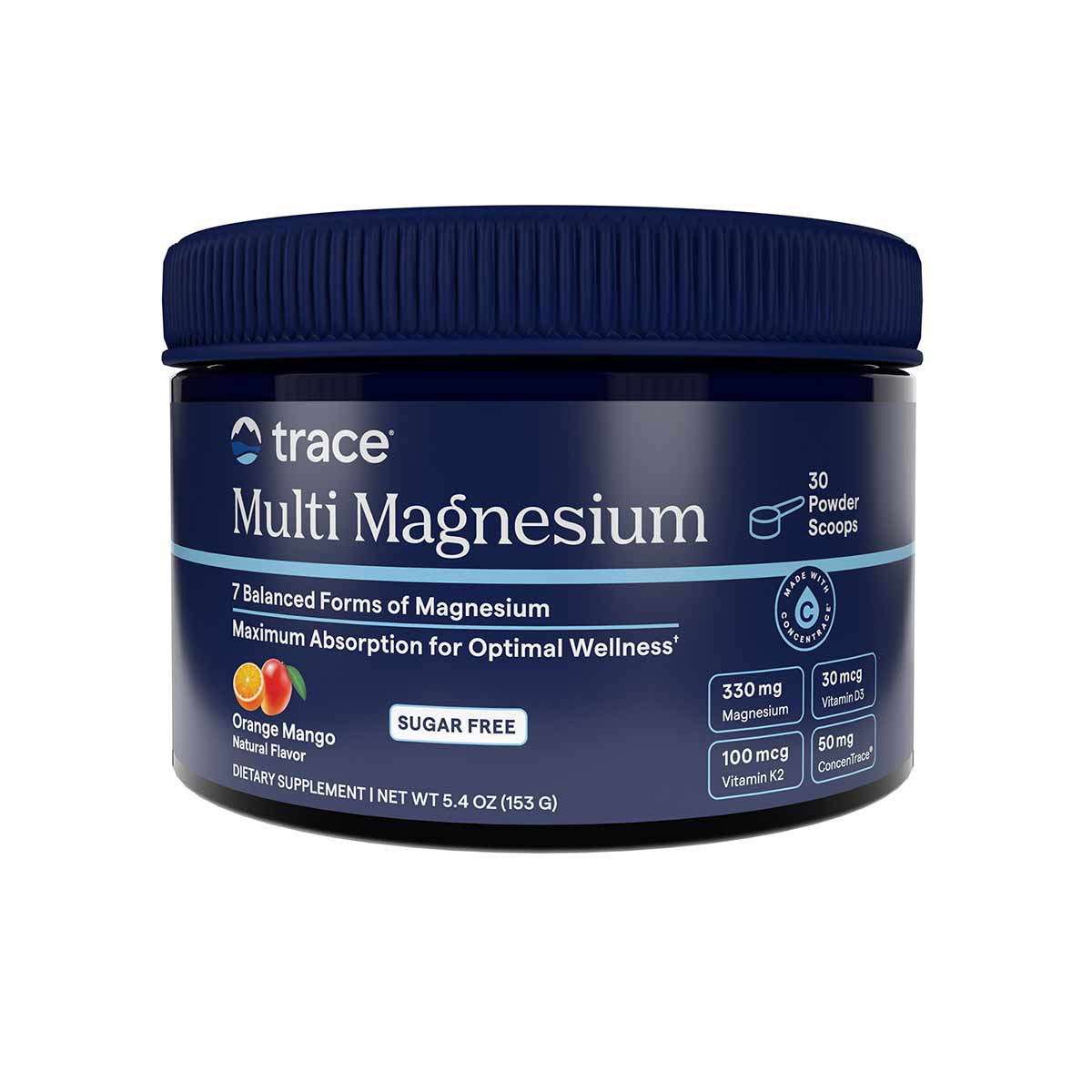 Dark blue container of Trace Minerals Research Multi Magnesium powder with navy screw cap, labeled orange mango flavor, 5.4 o