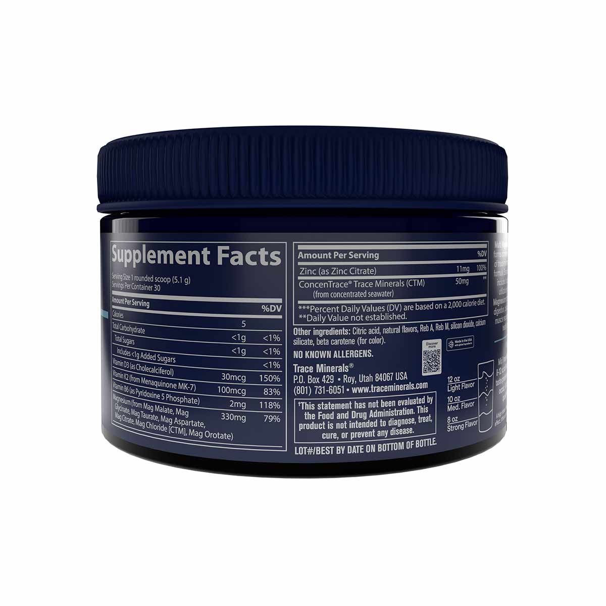 Dark container with navy blue ridged lid showing supplement facts label and ingredient information for magnesium powder.