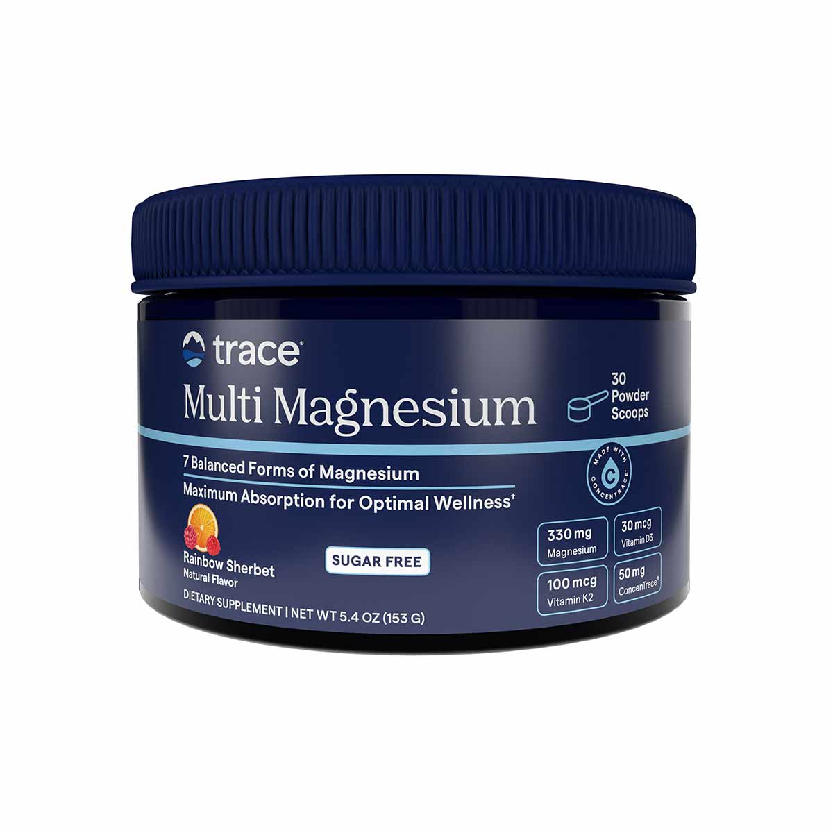 Dark blue container of Trace Minerals Multi Magnesium powder with navy screw cap and label indicating rainbow sherbet flavor.