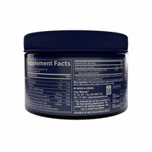 Dark blue container with navy screw-on lid and white label showing supplement facts and nutritional information.