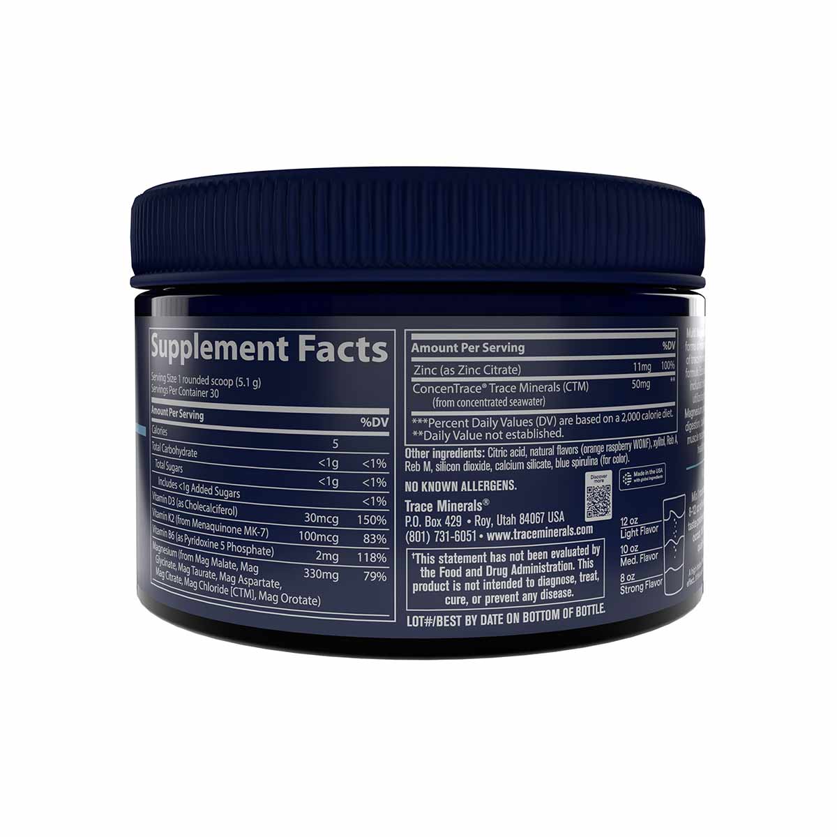 Dark blue container with navy screw-on lid and white label showing supplement facts and nutritional information.
