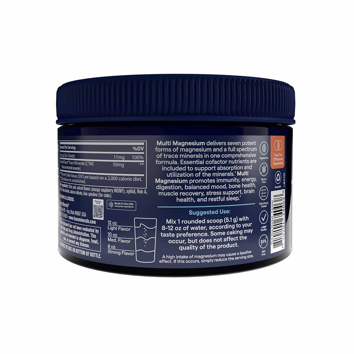 Dark blue jar with navy screw cap containing magnesium powder supplement with product information and usage instructions on l