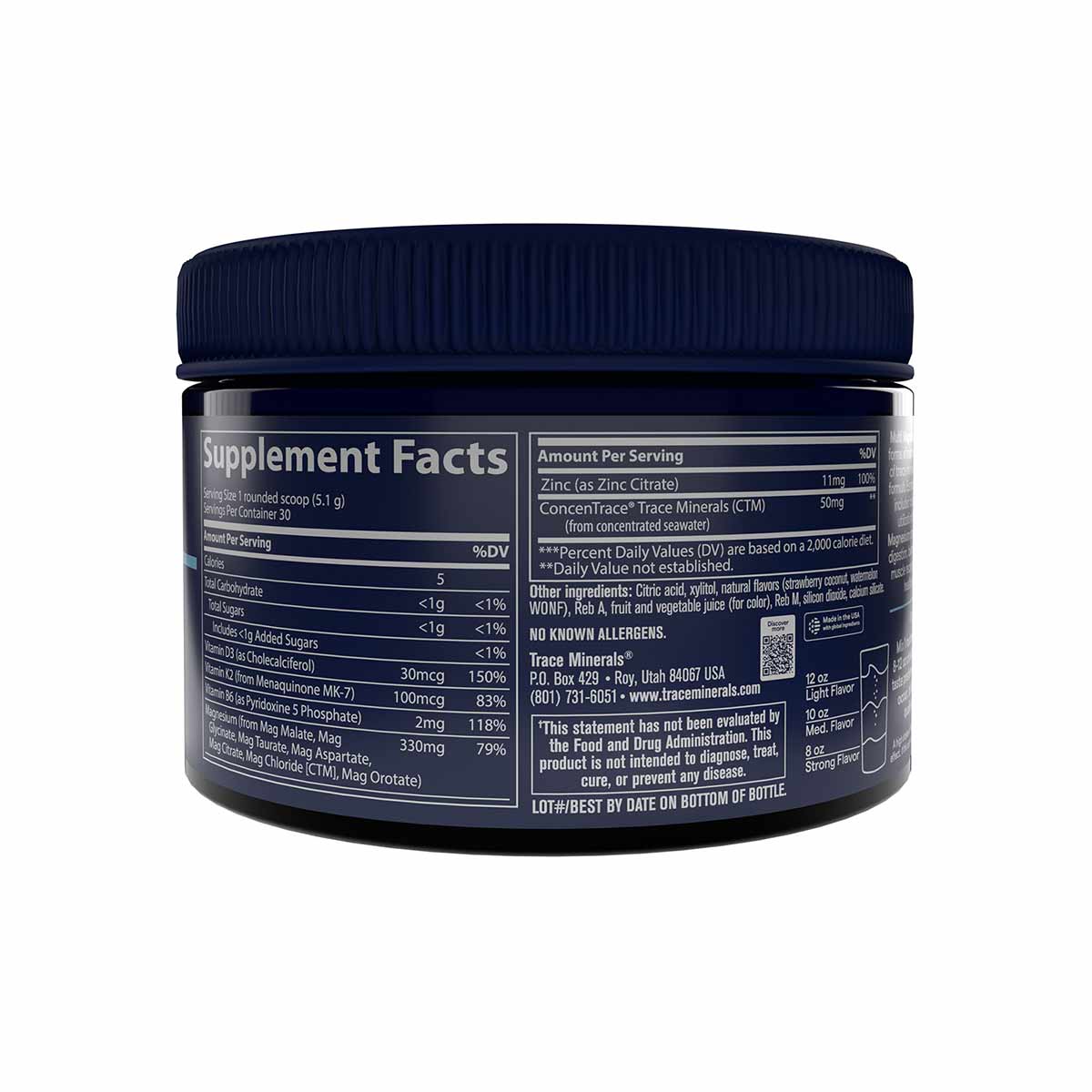 Dark blue jar with navy screw-on lid containing magnesium powder, label displays supplement facts and ingredients.