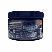 Dark blue jar with navy screw cap containing magnesium powder supplement with white label text and product information.