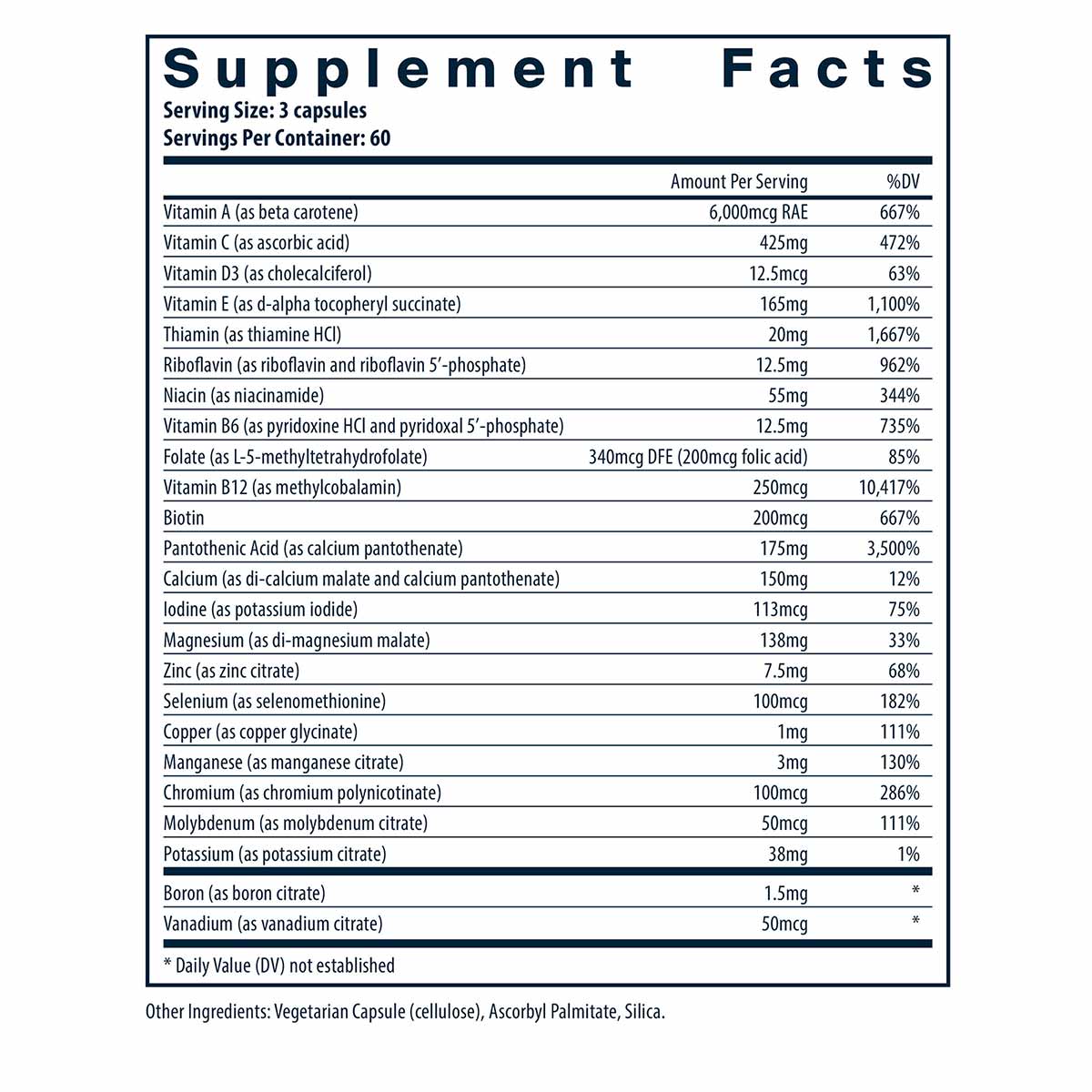 Supplement Facts label for Multi-Nutrients 2 capsules showing vitamins, minerals, and nutrients per serving with daily value 