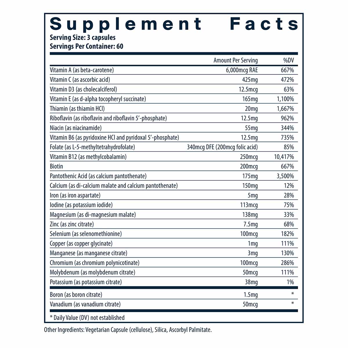 Supplement Facts label showing Multi-Nutrients 3 formula with vitamins, minerals, and micronutrients per 3-capsule serving.
