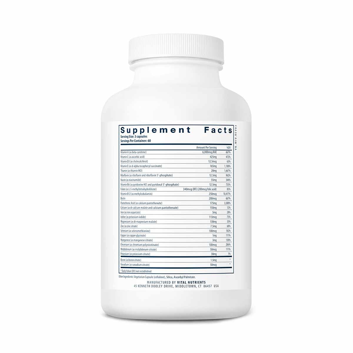 White supplement bottle with white cap and Supplement Facts label listing multiple vitamins and minerals.