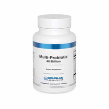 White plastic bottle with blue band containing Multi-Probiotic 40 Billion dietary supplement capsules by Douglas Laboratories