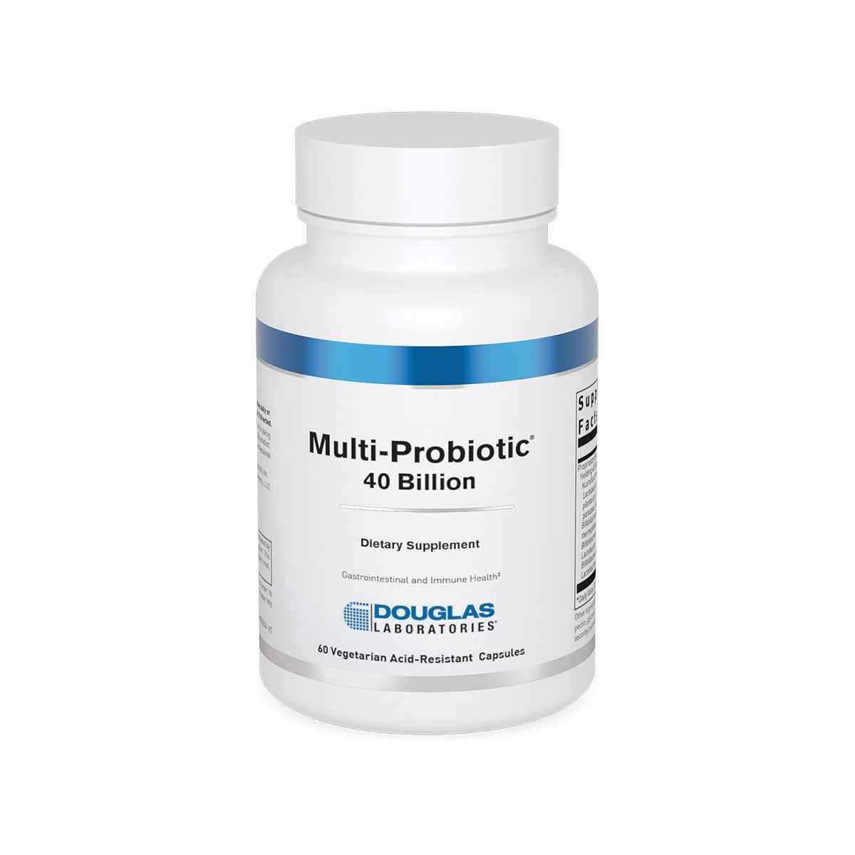 White plastic bottle with blue band containing Multi-Probiotic 40 Billion dietary supplement capsules by Douglas Laboratories