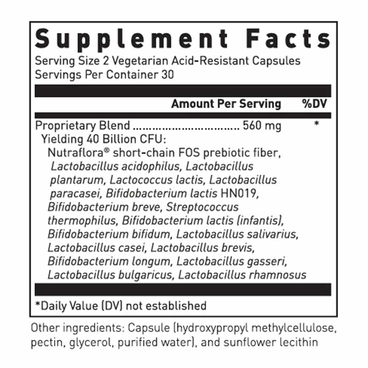 Supplement Facts label for Multi Probiotic 40 Billion showing serving size, ingredients, and 40 billion CFU proprietary blend