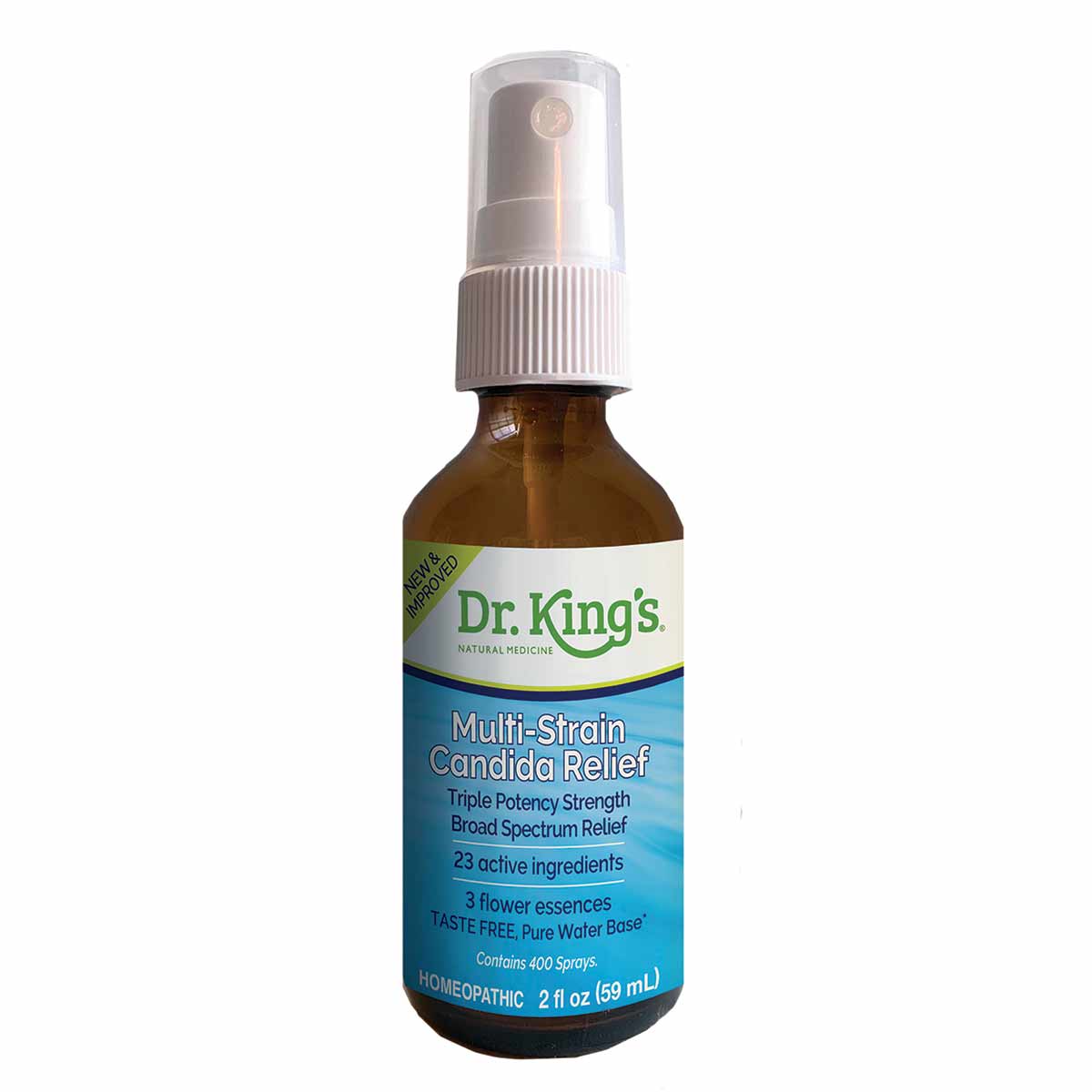 Dark amber glass spray bottle labeled "Dr. King's Multi-Strain Candida Relief" with white pump top and blue label.