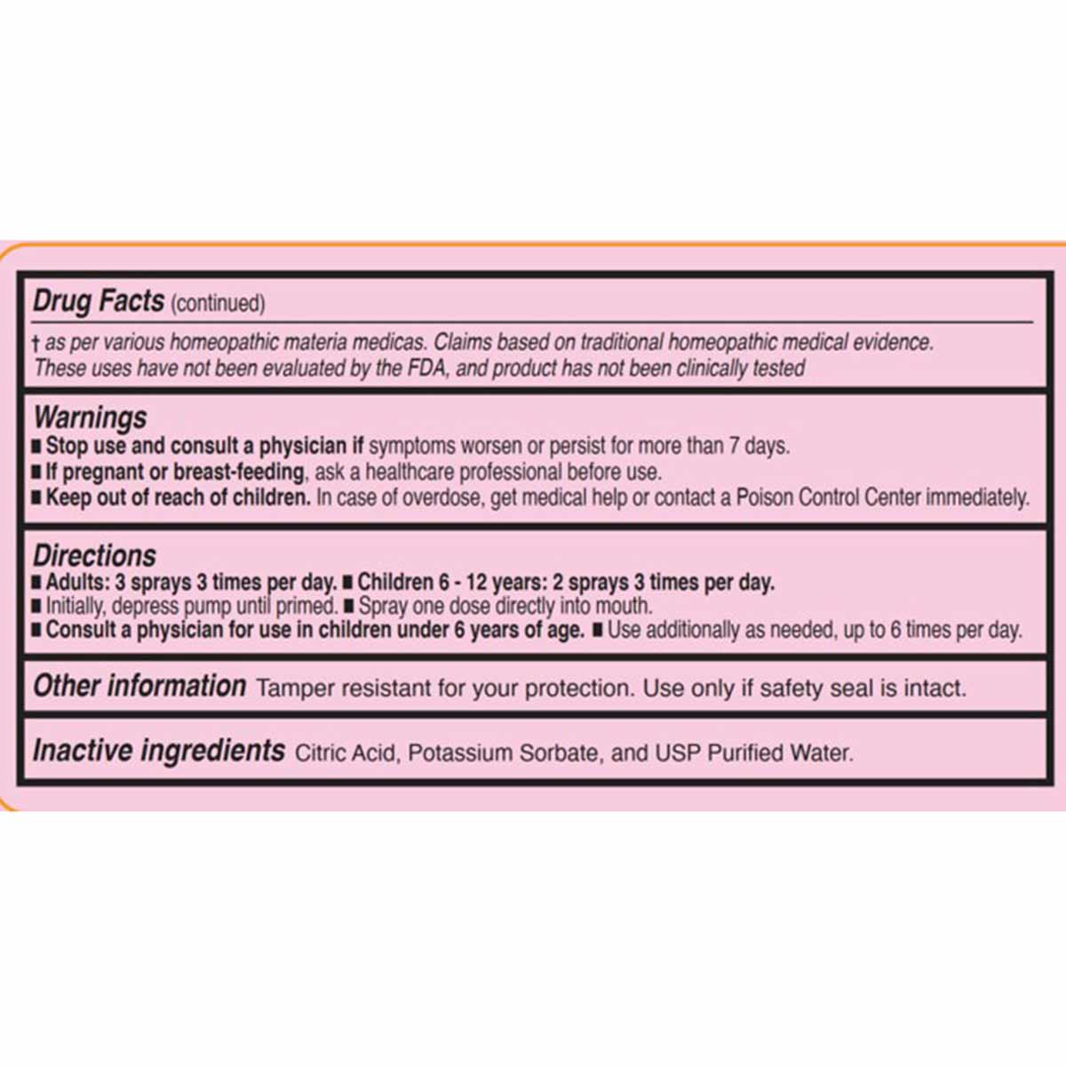 Product label with Drug Facts section showing warnings, directions, and inactive ingredients on pink background.