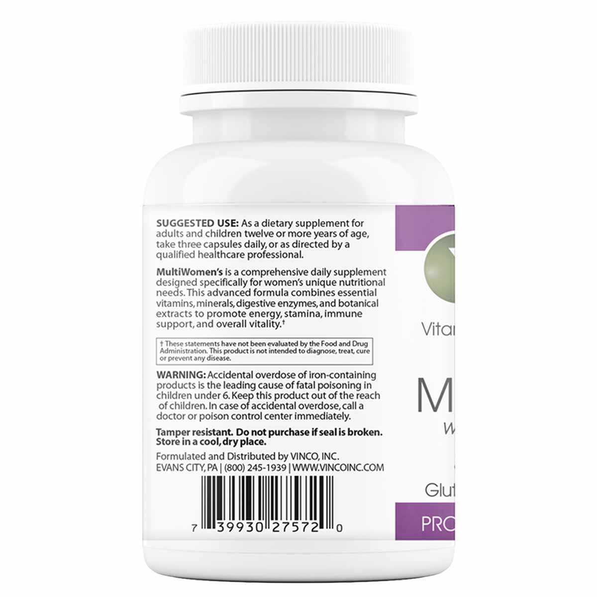 White supplement bottle with ribbed cap containing MultiWomen's with Digestive Enzymes, 90 vegetarian capsules by Vinco.