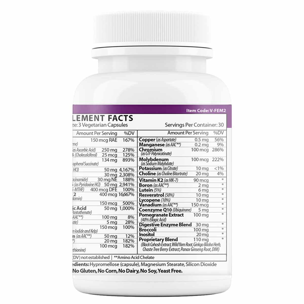 White bottle with purple supplement facts label showing ingredients including vitamins, minerals, and digestive enzyme blend 
