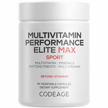 White plastic bottle labeled Multivitamin Performance Elite Max Sport with 90 vegetable capsules by Codeage.
