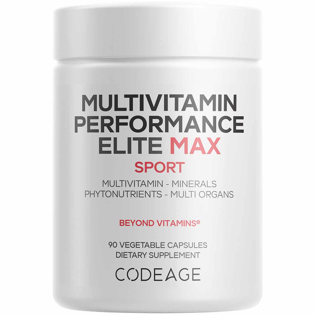 White plastic bottle labeled Multivitamin Performance Elite Max Sport with 90 vegetable capsules by Codeage.