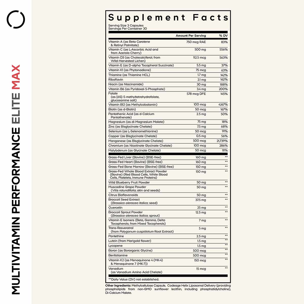 Supplement Facts label for Codeage Multivitamin Performance Elite Max showing serving size, nutrient amounts, and daily value