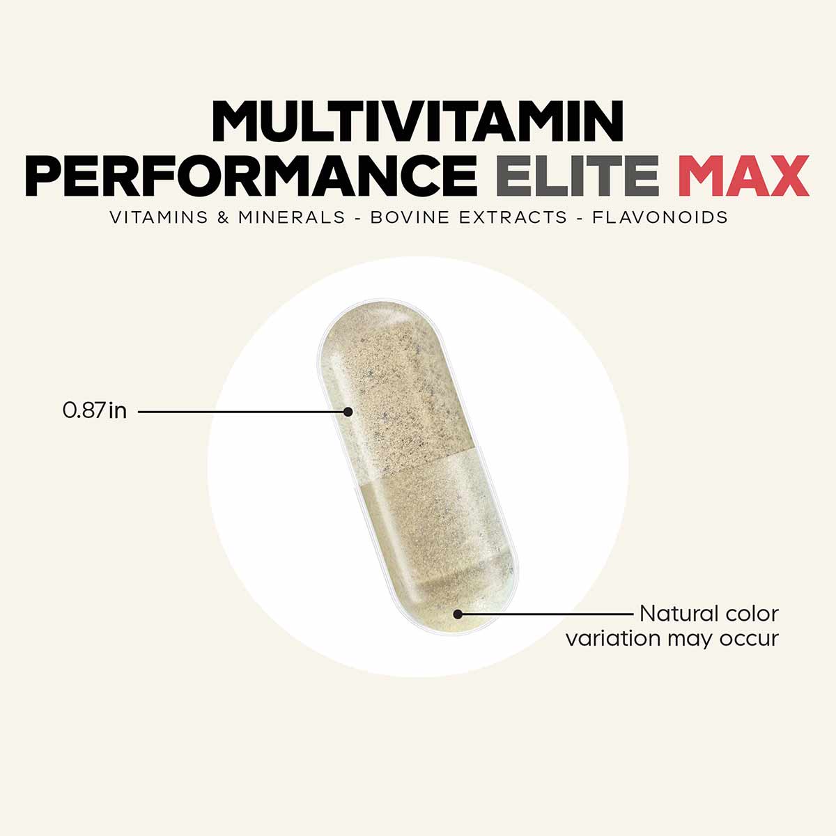 Beige capsule supplement with size measurement of 0.87 inches, shown against white background.