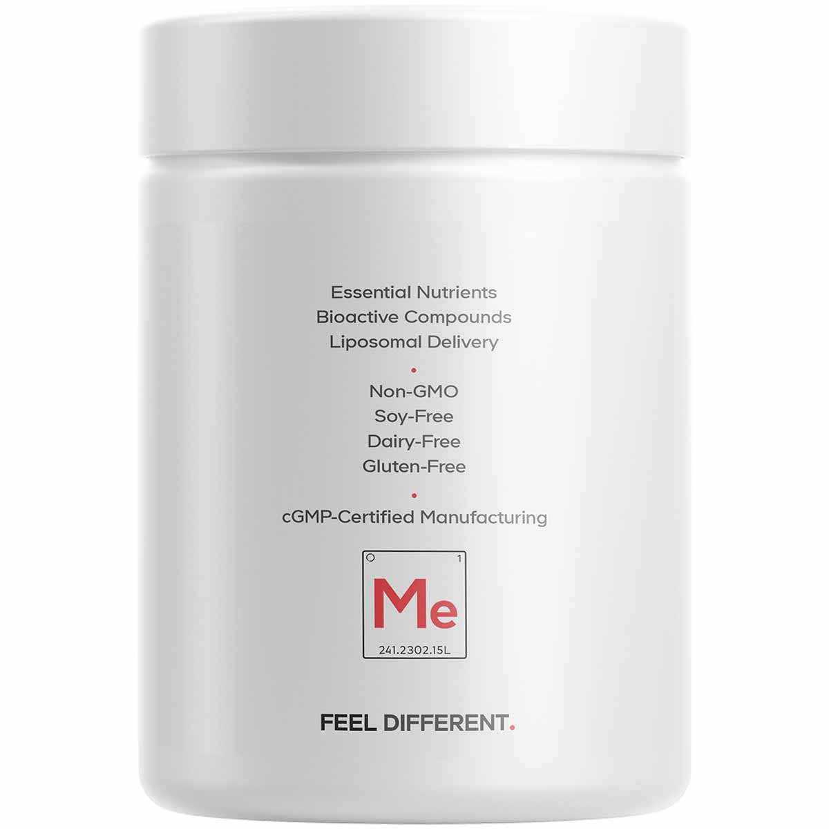 White cylindrical supplement bottle with white lid displaying product information including essential nutrients, bioactive co